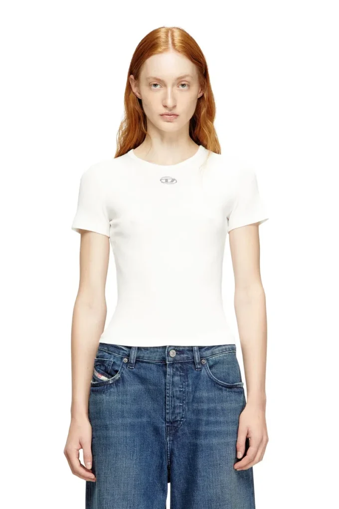 t-ele-long-od Slim ribbed T-shirt with metallic Oval D