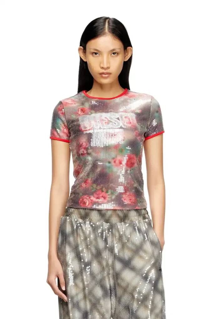 t-unkyel Skinny floral print jersey top with sequins