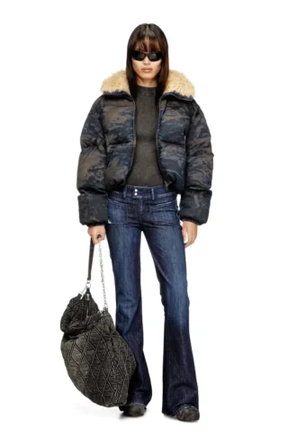 w-aves-fur Hooded puffer jacket in dirt-effect camo denim