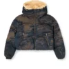 w-aves-fur Hooded puffer jacket in dirt-effect camo denim