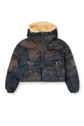 w-aves-fur Hooded puffer jacket in dirt-effect camo denim