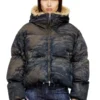 w-aves-fur Hooded puffer jacket in dirt-effect camo denim