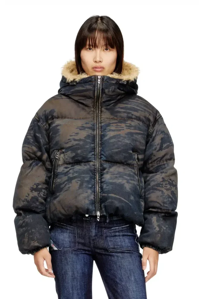 w-aves-fur Hooded puffer jacket in dirt-effect camo denim