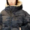 w-aves-fur Hooded puffer jacket in dirt-effect camo denim
