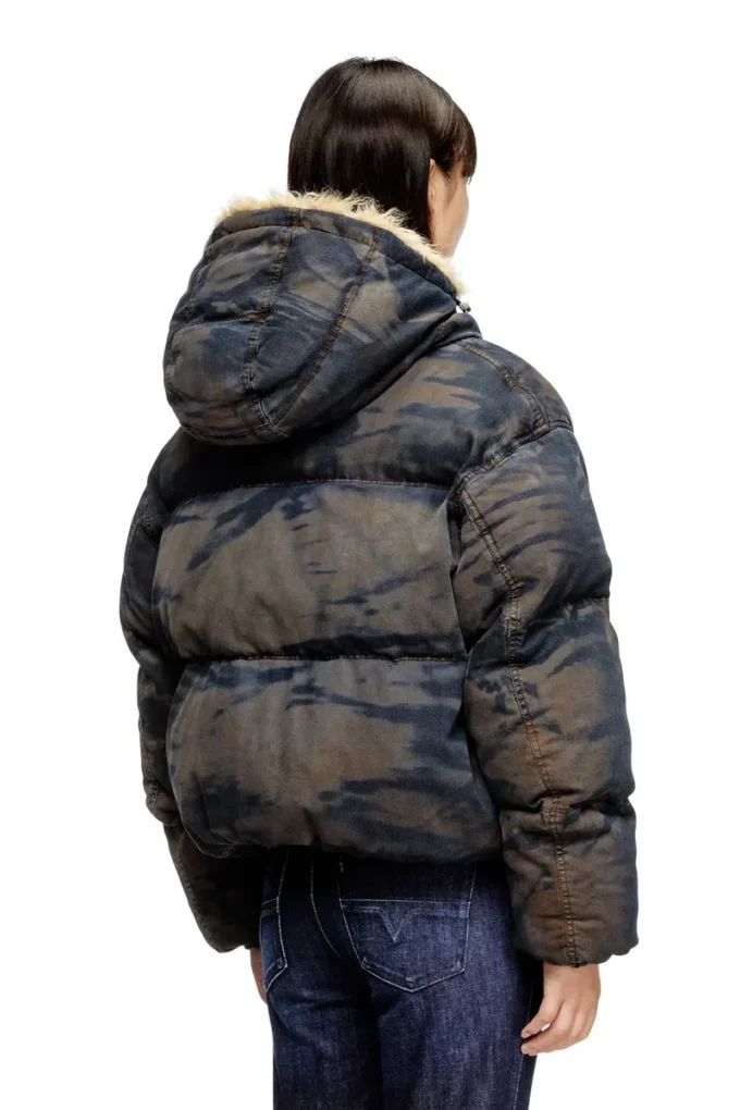 w-aves-fur Hooded puffer jacket in dirt-effect camo denim