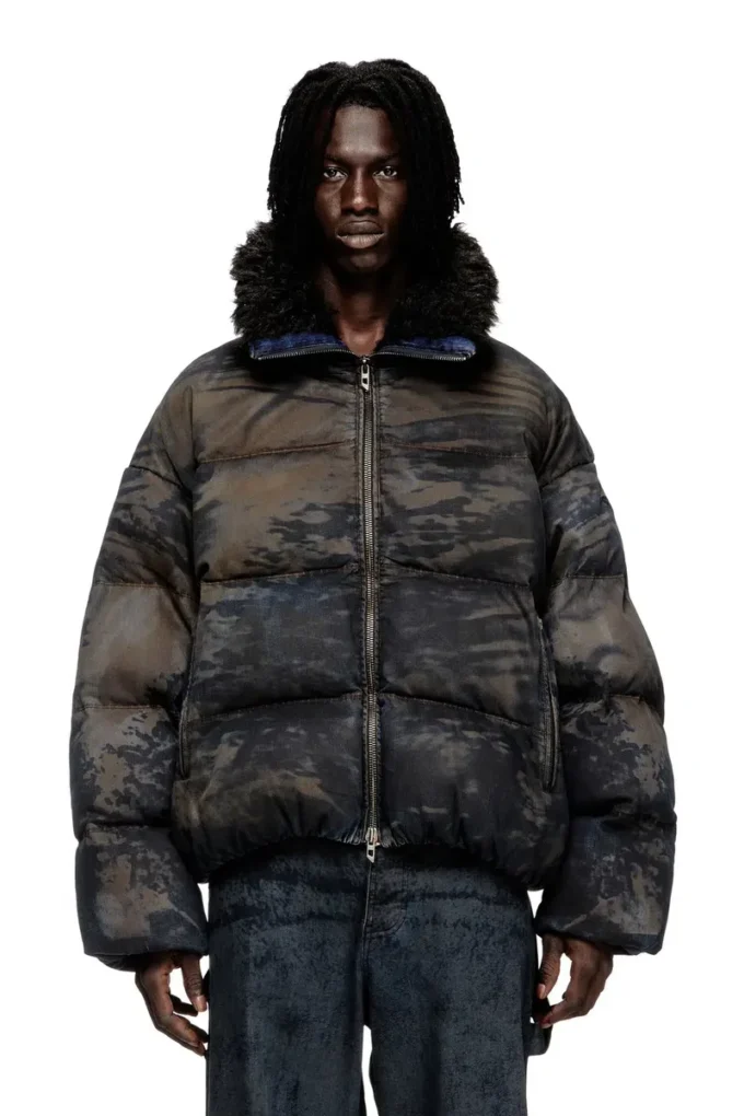 w-johns Puffer jacket in dirt-effect camo denim