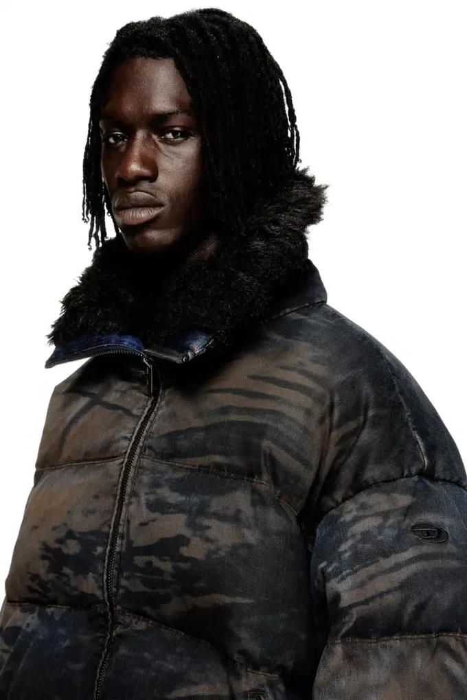 w-johns Puffer jacket in dirt-effect camo denim