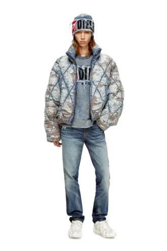 w-kons Padded jacket in argyle-quilted devoré denim
