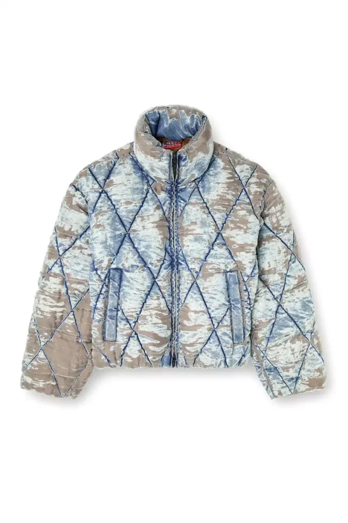 w-kons Padded jacket in argyle-quilted devoré denim