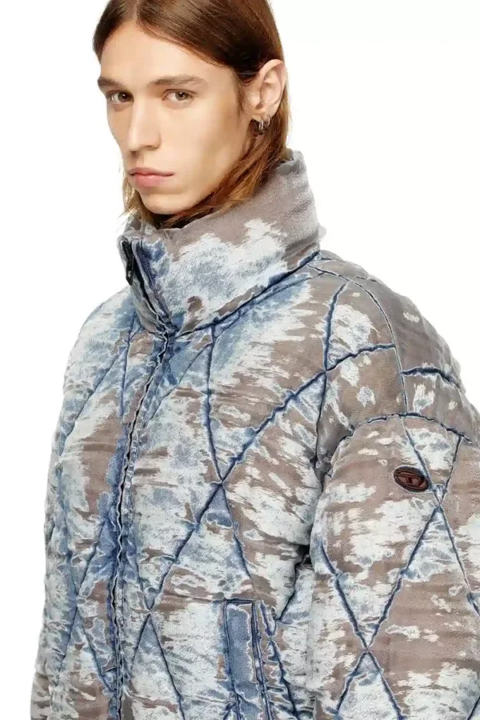 w-kons Padded jacket in argyle-quilted devoré denim