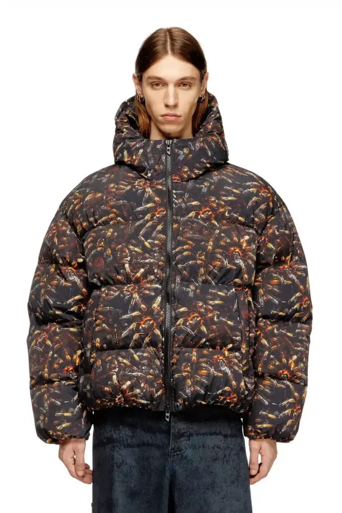 w-spider Hooded puffer jacket with spider print